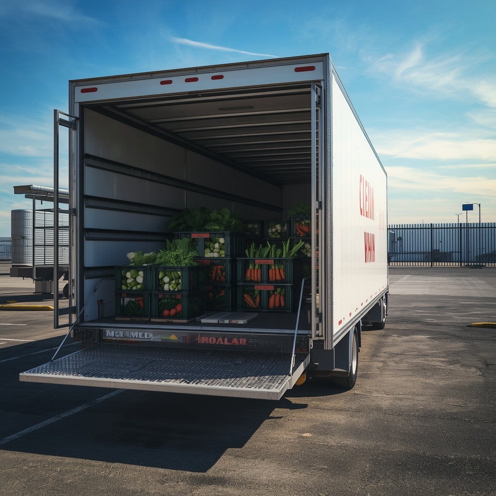 Refrigerated delivery truck with crates of fresh vegetables at a sunny loading dock, blue sky, photorealistic, no people