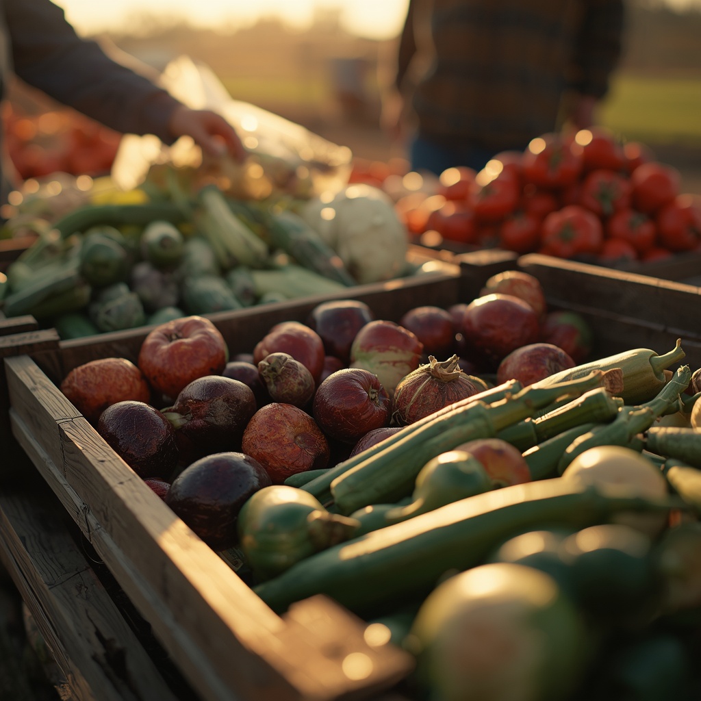 Close-up of fresh organic farm produce being sorted in wooden crates at sunrise, golden light, photorealistic, no people
